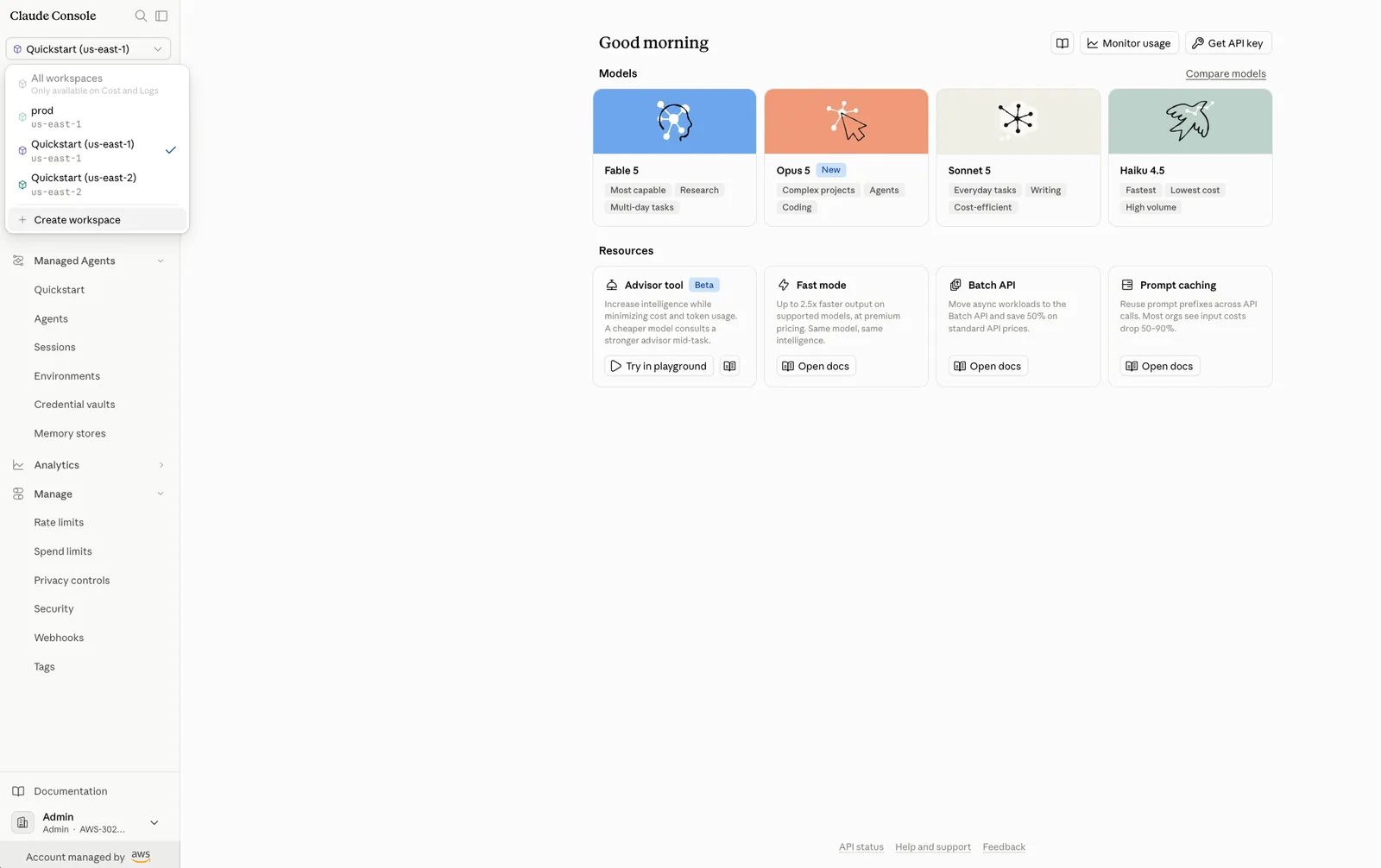 Claude Console dashboard with the workspace menu open in the top left corner and the Create Workspace option