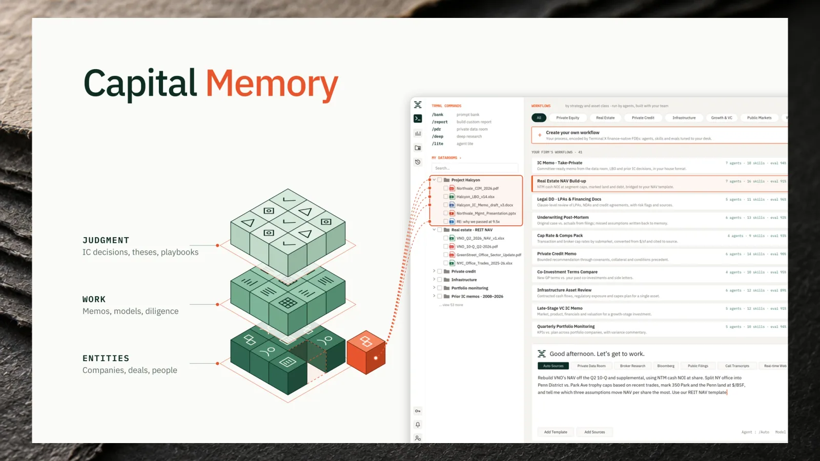 Capital Memory connects a firm’s investment judgment, research work, and entities to Terminal X’s private data room and investment workflows.