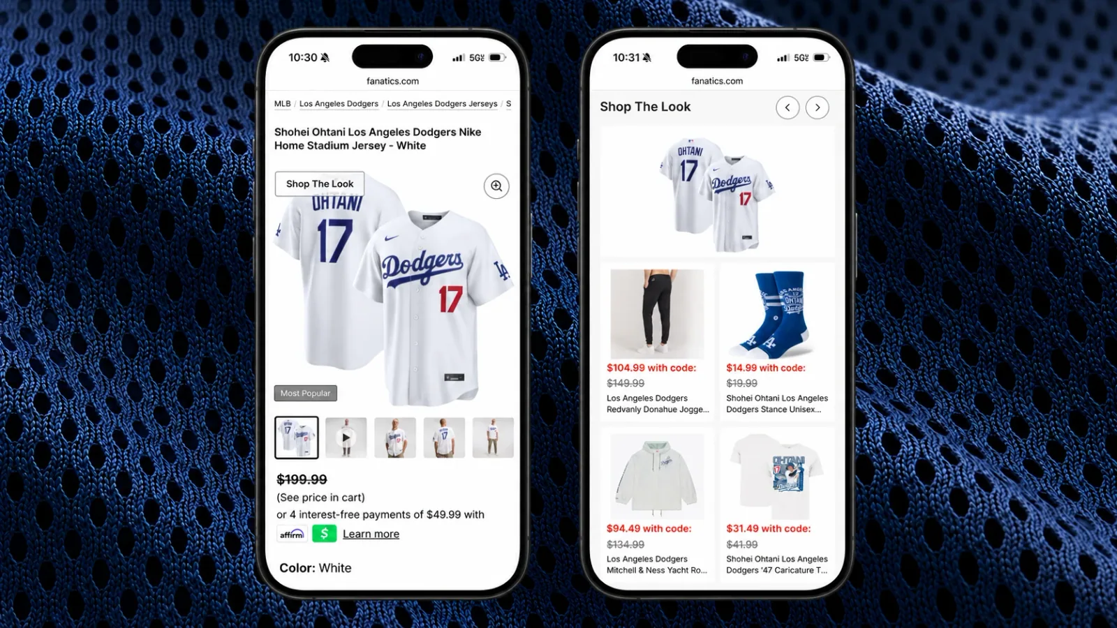 Two mobile devices show a Shohei Ohtani Dodgers jersey product page on the left and Fanatics’ Shop the Look merchandise recommendations on the right, over navy jersey mesh.