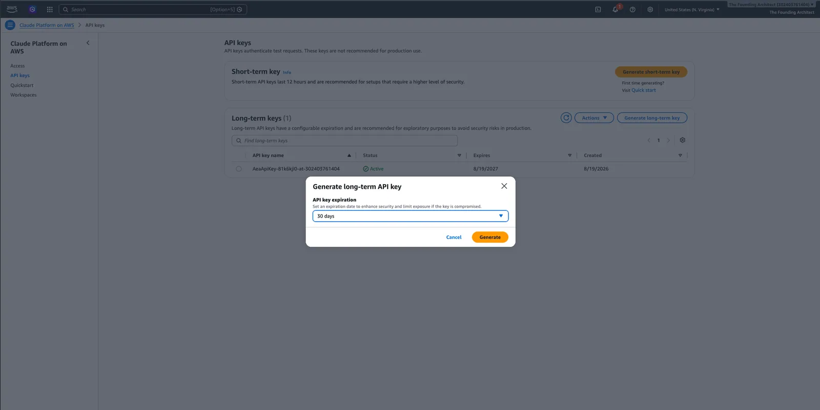 Claude Console API Keys page showing the long-term key generation dialog with expiration options