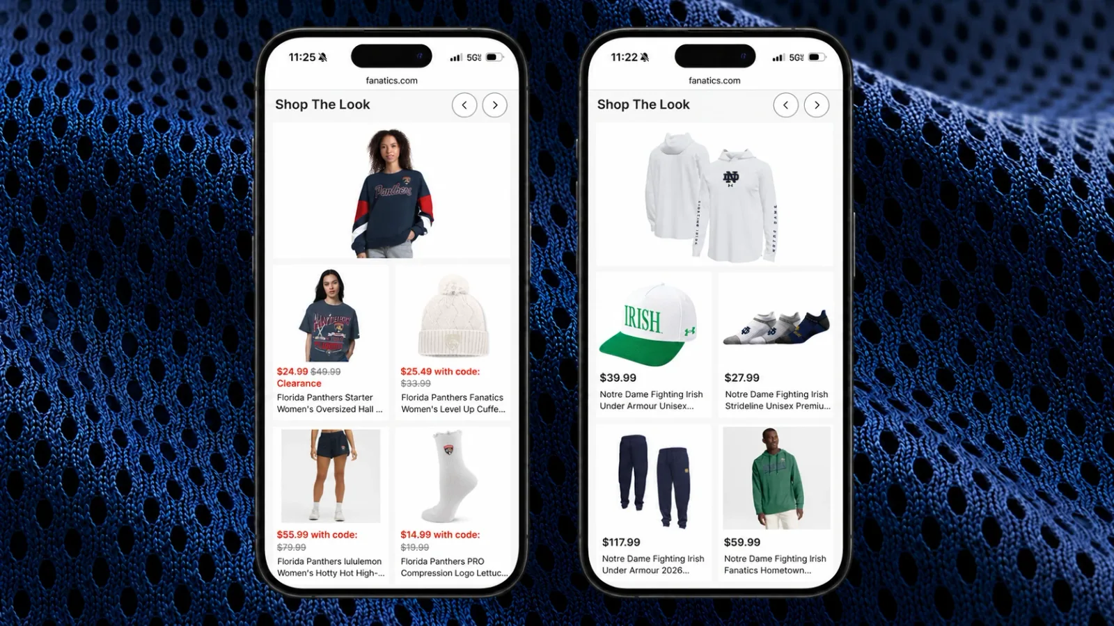 Two mobile devices show Florida Panthers and Notre Dame Shop the Look merchandise recommendations side by side over navy jersey mesh.