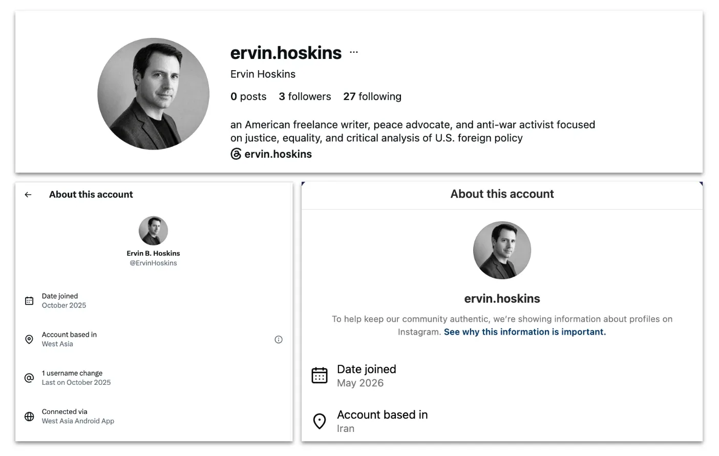 Ervin Hoskins persona’s Instagram biography and account transparency panels. X lists the West Asia Android App, while Instagram lists Iran as the account location.