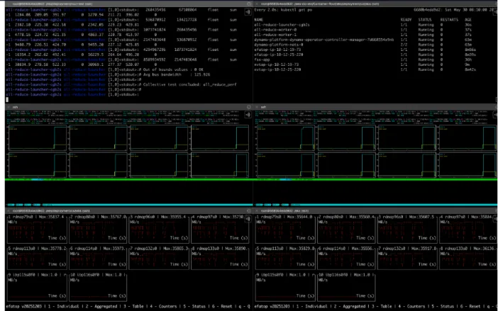 Dashboard showing full GPU utilization and EFA adapter traffic during an NCCL all-reduce test