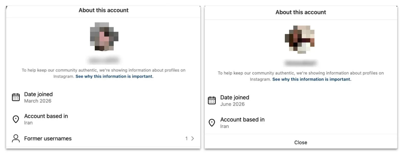 Redacted Instagram account transparency panels showing Iran as the location of both accounts that posted the preceding comments.