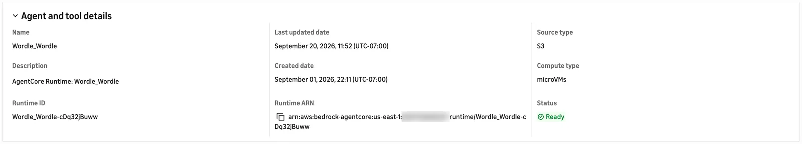Amazon Bedrock AgentCore console showing the Wordle agent runtime with status Ready