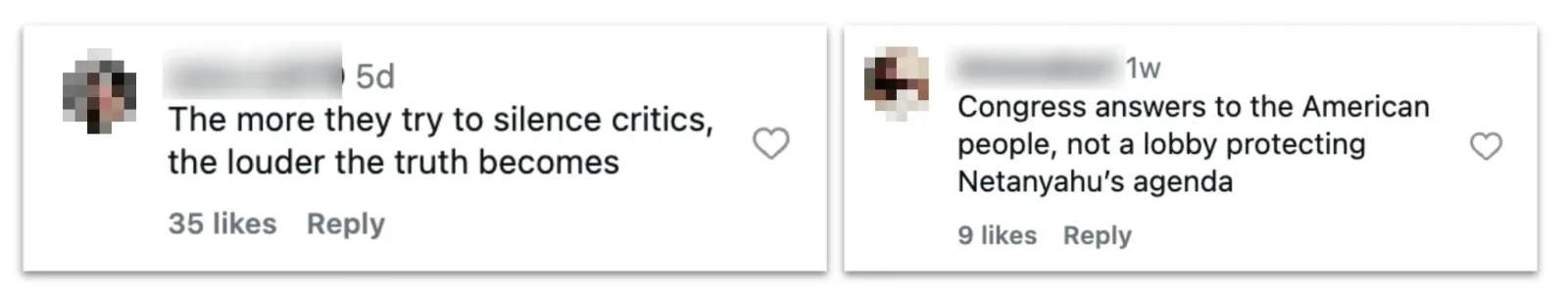 Two redacted Instagram comments generated by the operation in reply to posts about US politics.