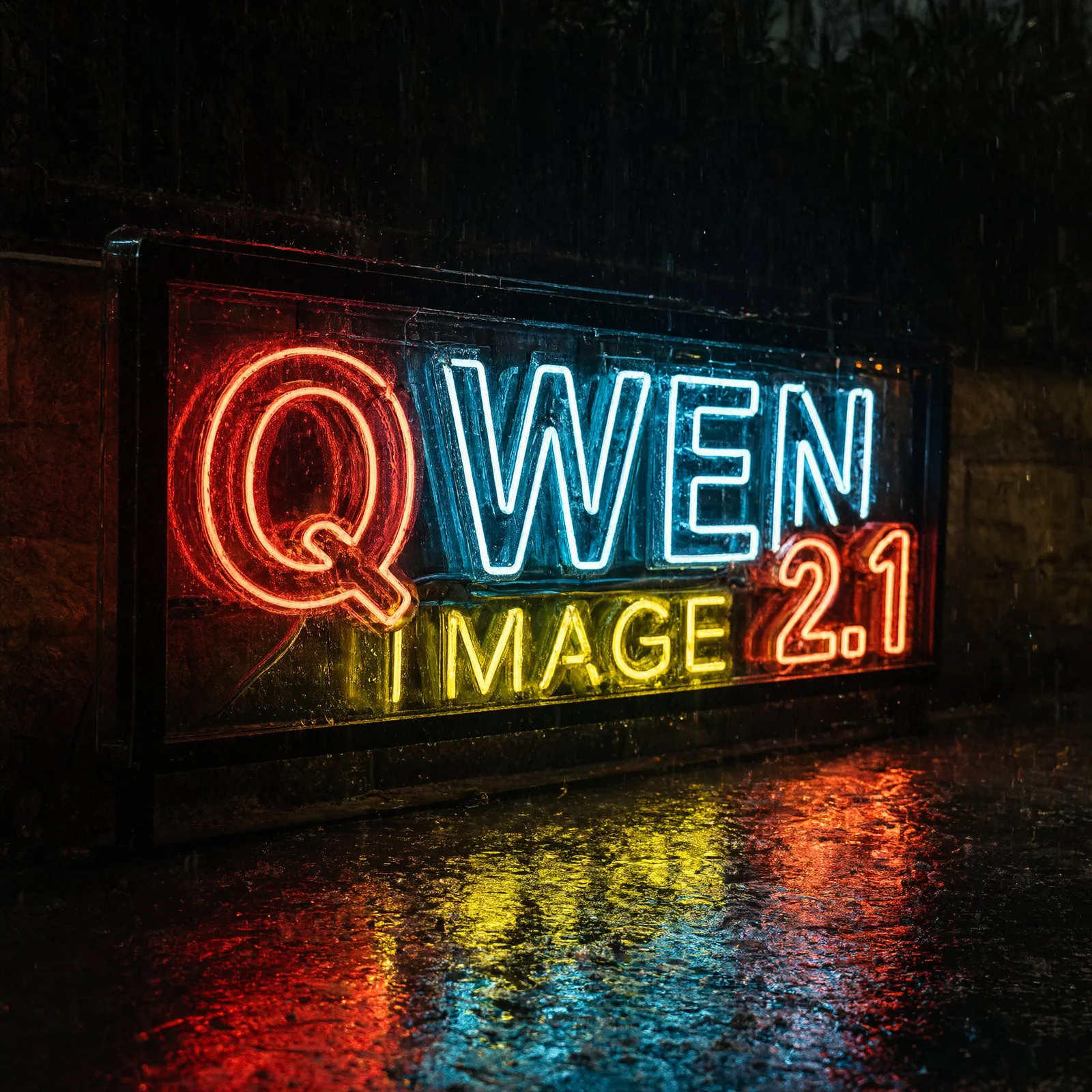 Neon shop sign reading QWEN IMAGE 2.1