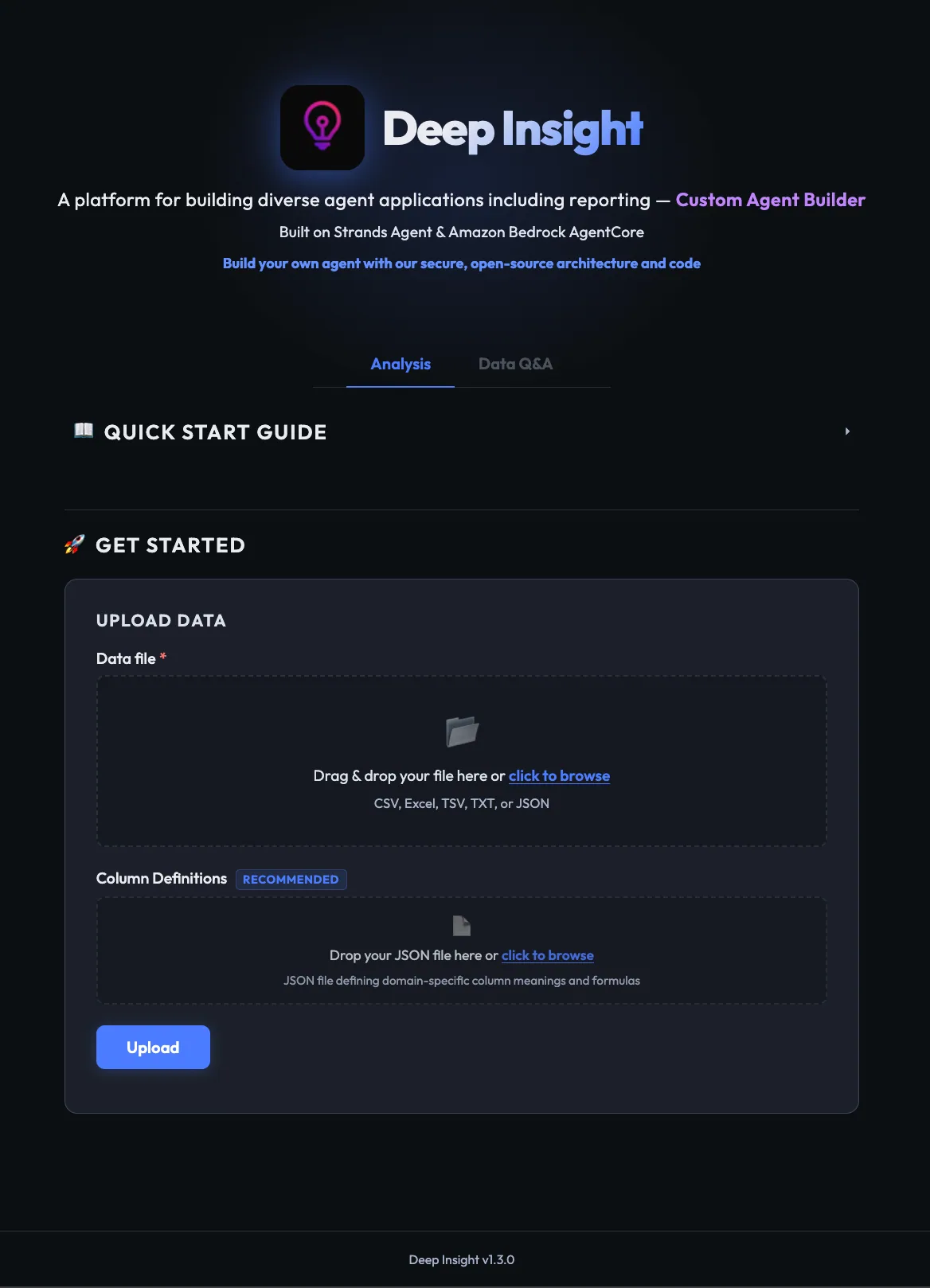 Deep Insight web interface for uploading data, entering a prompt, and downloading the generated report