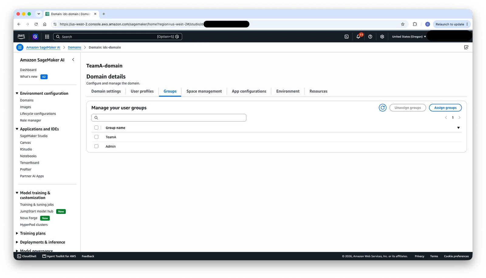 TeamA-domain details page showing assigned Identity Center groups