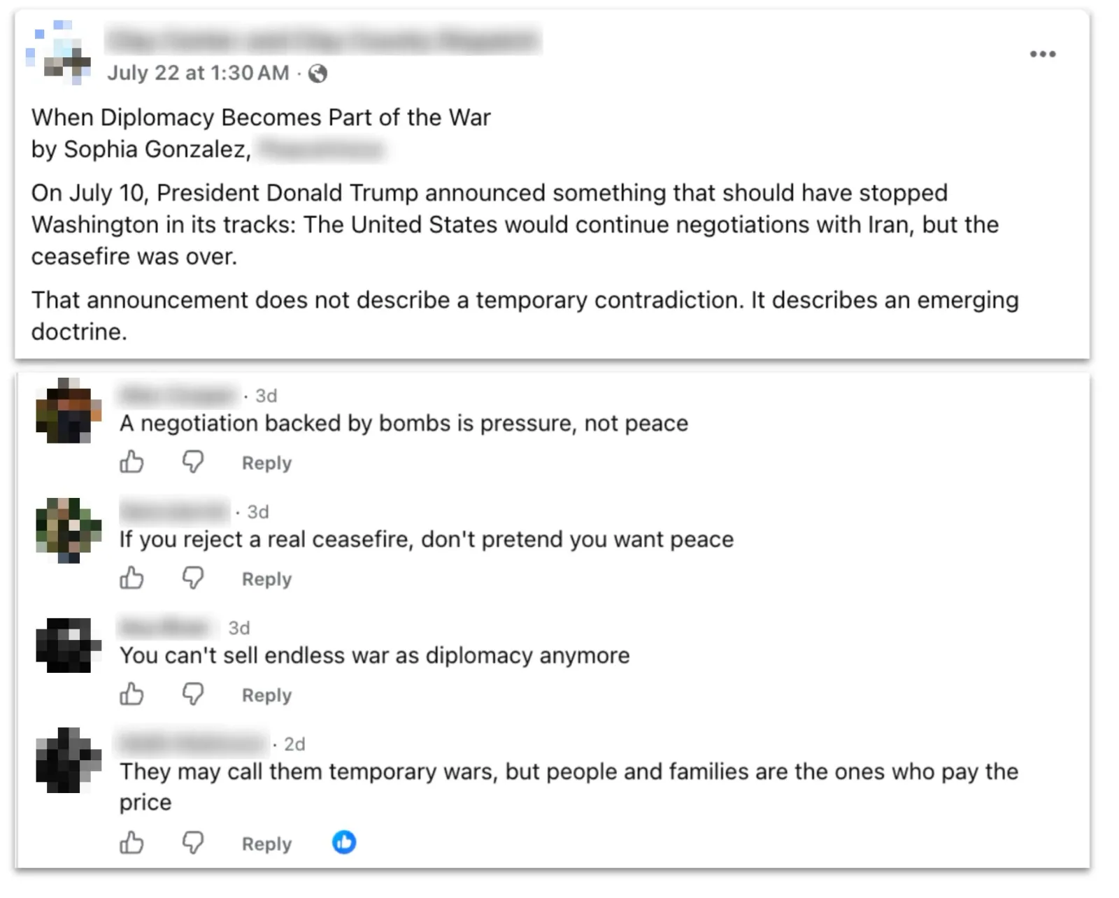 Redacted Facebook screenshot of a local news page sharing an operation-generated article under Sophia Gonzalez’s byline, followed by four operation-generated comments.