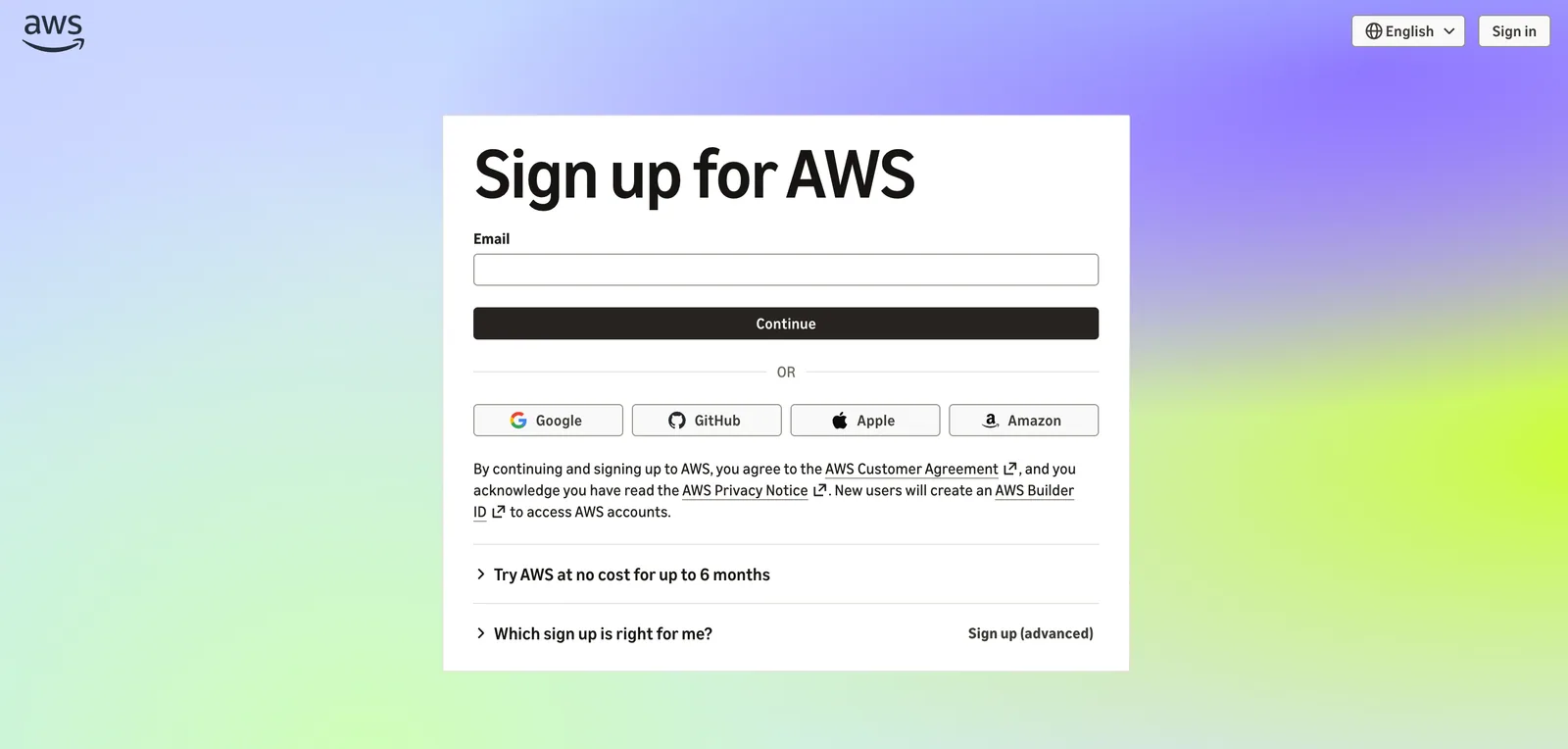 The Sign up for AWS page with an email field and sign-in options for Google, GitHub, Apple, and Amazon