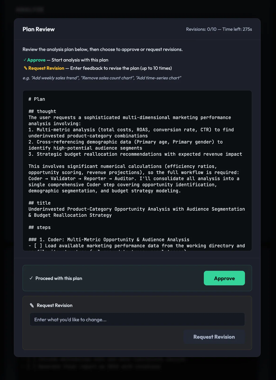 Deep Insight web UI showing the Plan Reviewer modal where the user approves or revises the generated analysis plan