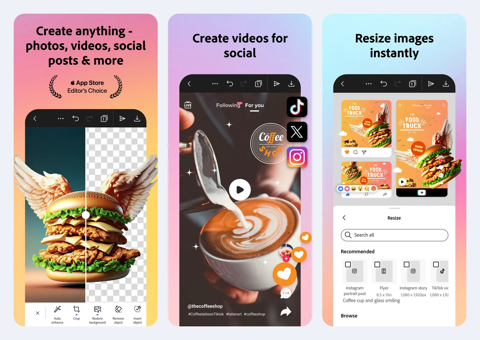 Screenshot resmi aplikasi Adobe Express di App Store: hapus latar foto burger bersayap dengan alat Auto enhance, Crop, Remove object, dan Insert object di bawah, pratinjau video untuk TikTok, X, dan Instagram, serta menu Resize dengan format Instagram portrait post, Flyer, Instagram story, dan TikTok