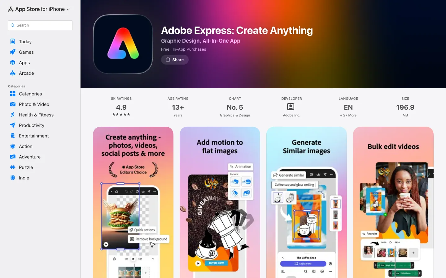 Halaman App Store Indonesia untuk Adobe Express: Create Anything, rating 4,9 dari 8 ribu ulasan, peringkat No. 5 kategori Graphics & Design, usia 13+, dan ukuran 196,9 MB