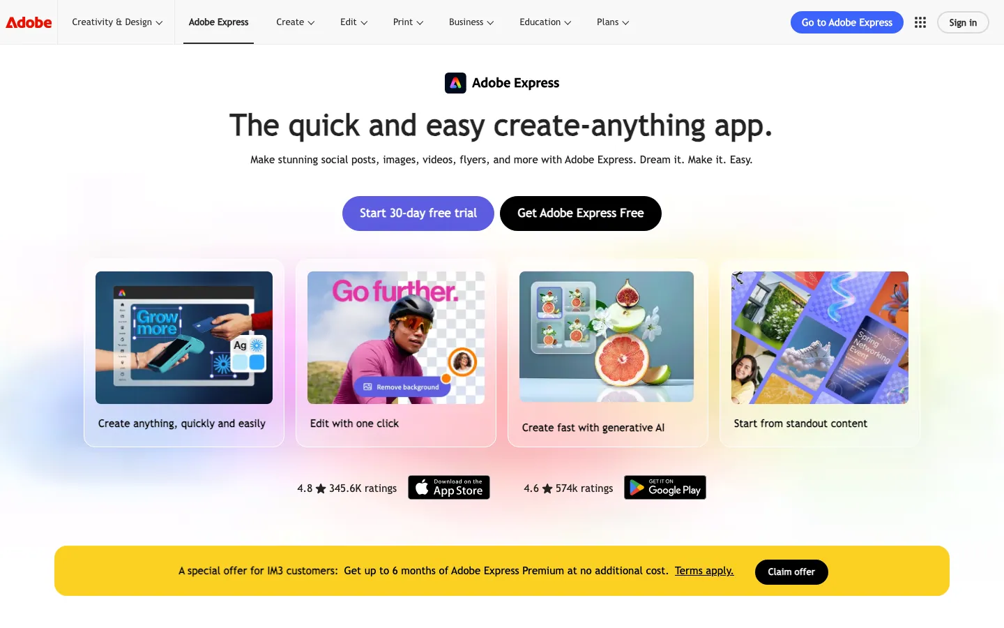Halaman depan Adobe Express: judul The quick and easy create-anything app, tombol Start 30-day free trial dan Get Adobe Express Free, empat kartu fitur, rating 4,8 di App Store dan 4,6 di Google Play, serta banner kuning penawaran untuk pelanggan IM3