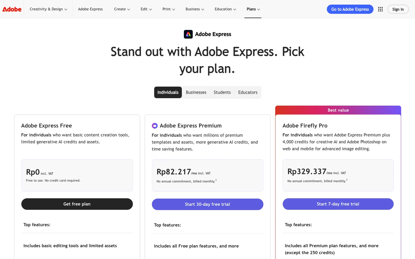 Halaman harga resmi Adobe Express dibuka dari Indonesia: tab Individuals, Businesses, Students, dan Educators, lalu tiga kartu paket, yaitu Free Rp0, Premium Rp82.217 per bulan, dan Adobe Firefly Pro Rp329.337 per bulan, semuanya bertanda incl. VAT
