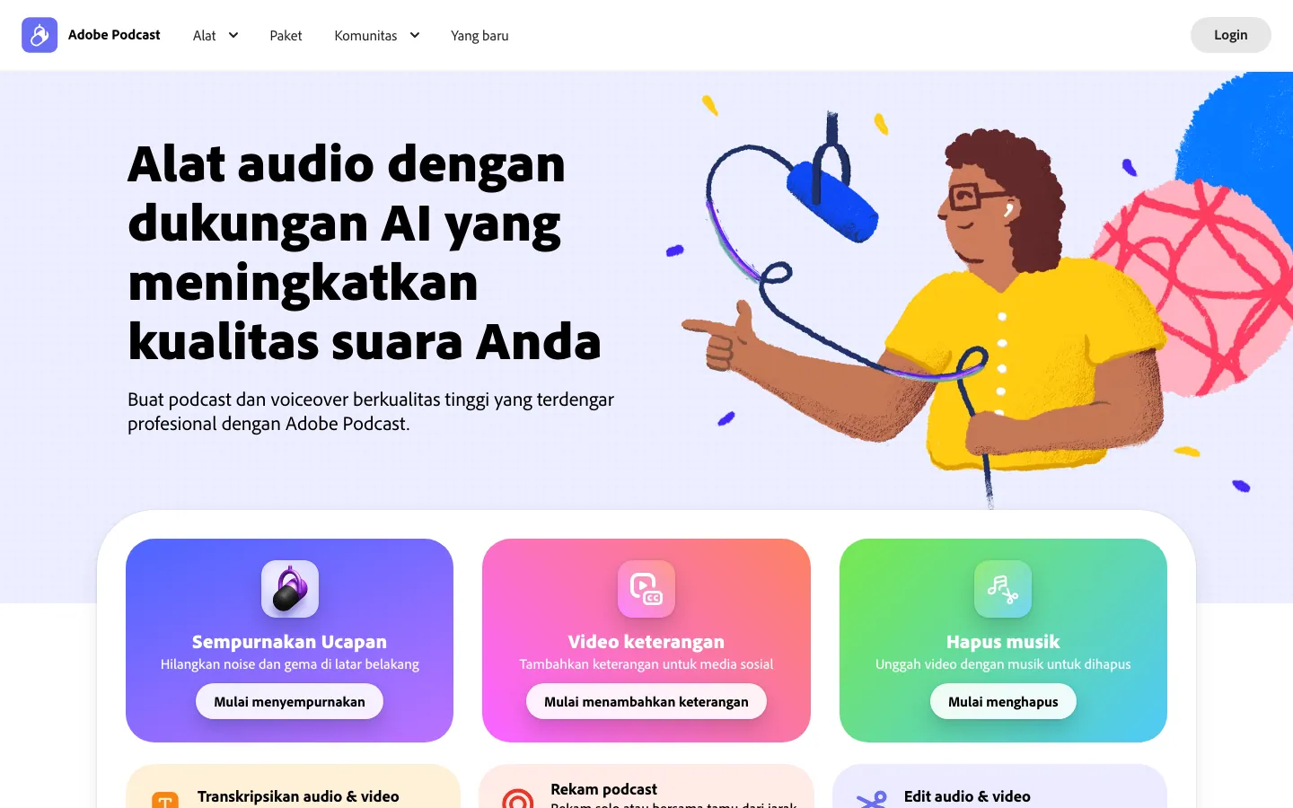 Halaman depan Adobe Podcast versi Bahasa Indonesia: judul besar "Alat audio dengan dukungan AI yang meningkatkan kualitas suara", ilustrasi orang berbaju kuning memegang mikrofon biru, dan tiga kartu alat berwarna, yaitu Sempurnakan Ucapan, Video keterangan, dan Hapus musik, dengan tombol Login di kanan atas