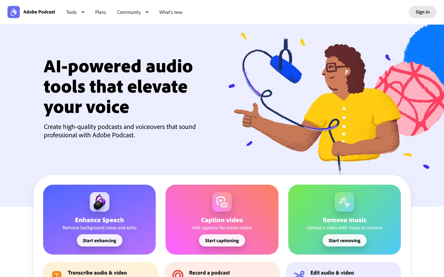 Halaman depan Adobe Podcast versi Inggris dengan tata letak yang sama: judul "AI-powered audio tools that elevate your voice", tombol Start enhancing, Start captioning, dan Start removing pada tiga kartu alat, serta menu Tools, Plans, Community, dan What's new