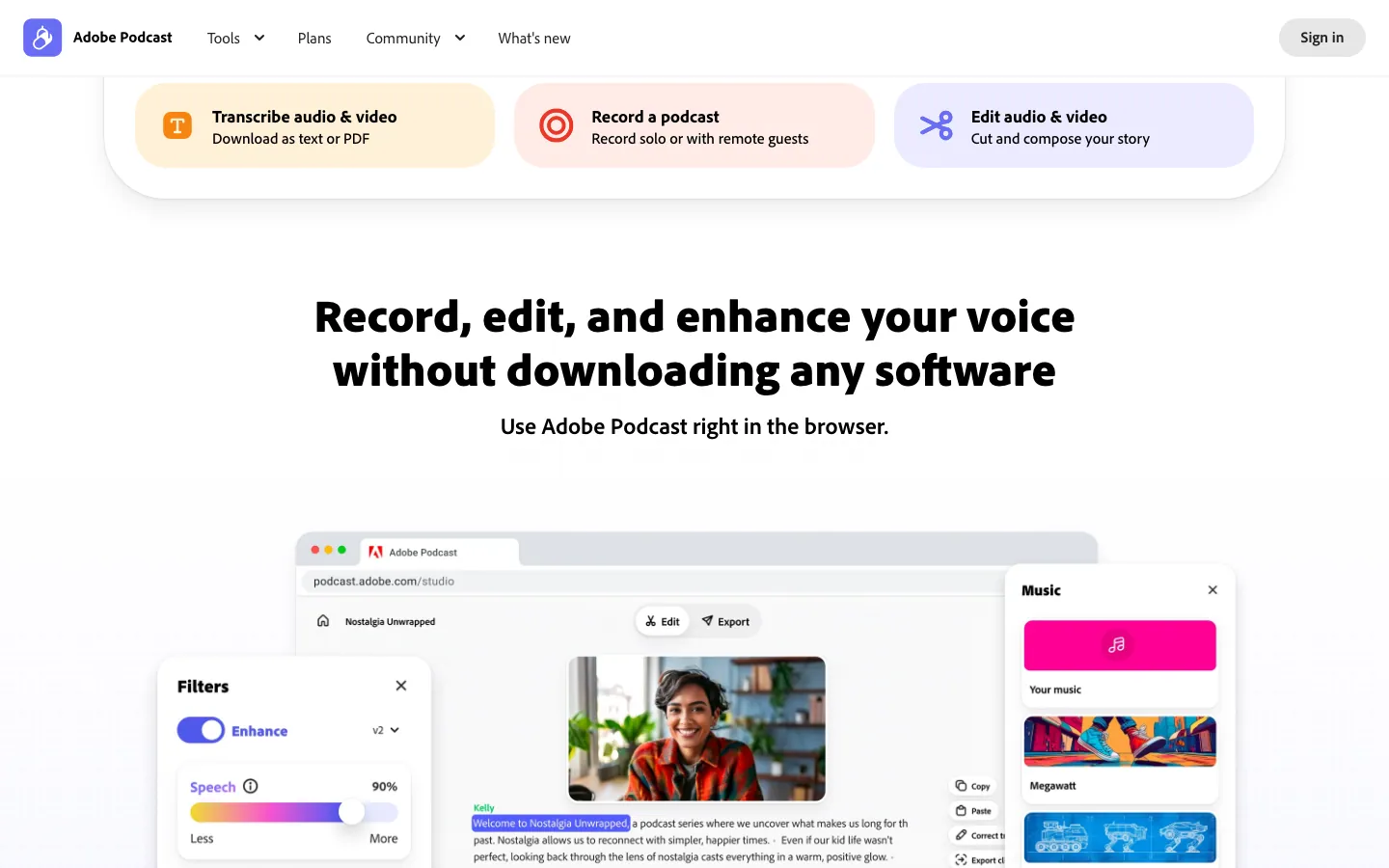 Bagian halaman Adobe Podcast versi Inggris setelah digulir: tiga kartu alat (Transcribe, Record a podcast, Edit audio & video), judul "Record, edit, and enhance your voice without downloading any software", dan contoh tampilan Studio dengan panel Filters, slider Speech 90%, dan panel Music