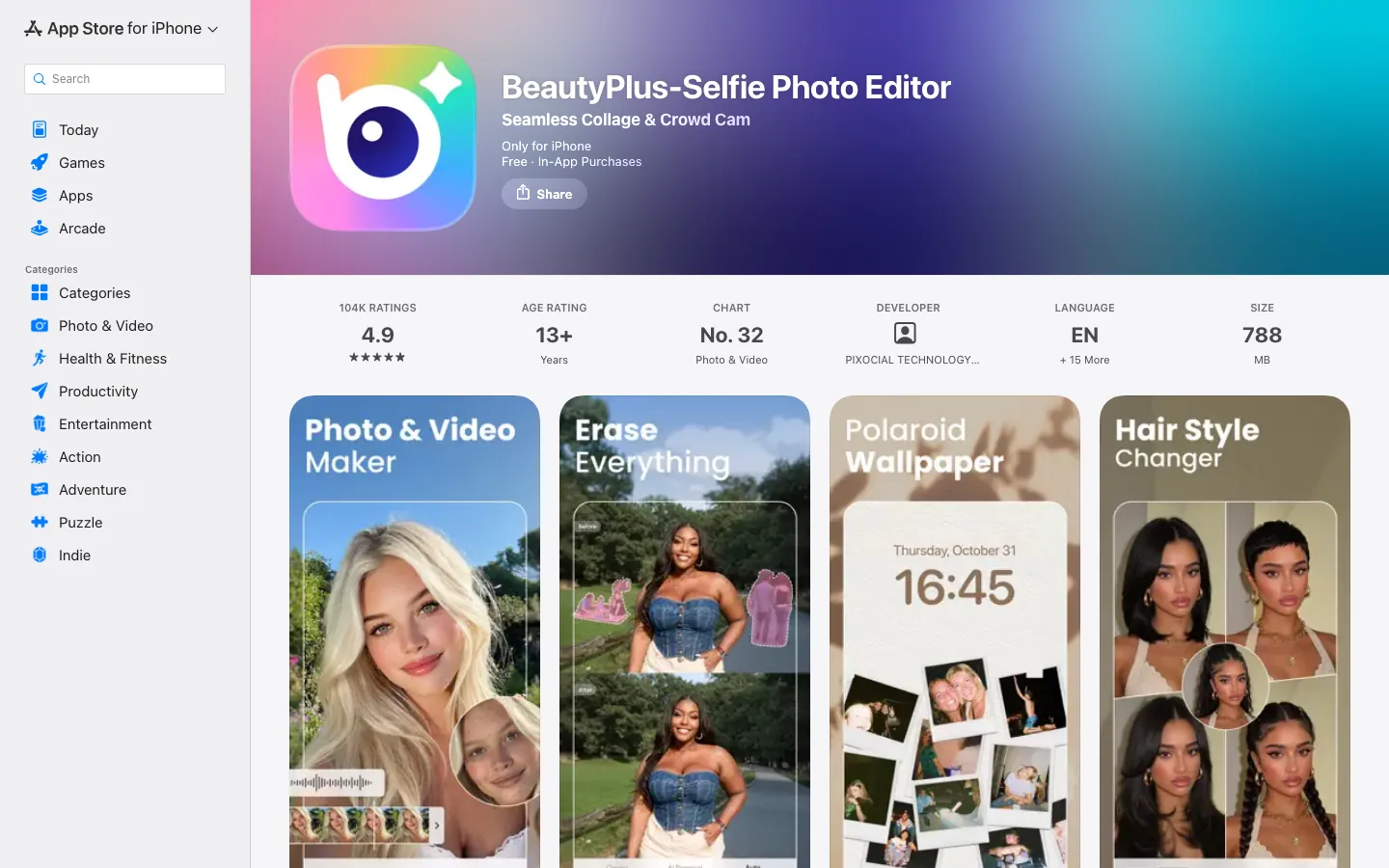 Halaman App Store Indonesia untuk BeautyPlus-Selfie Photo Editor: rating 4,9 dari 104 ribu penilaian, batas umur 13+, peringkat 32 di kategori Photo and Video, ukuran 788 MB, dan screenshot fitur seperti Erase Everything dan Hair Style Changer