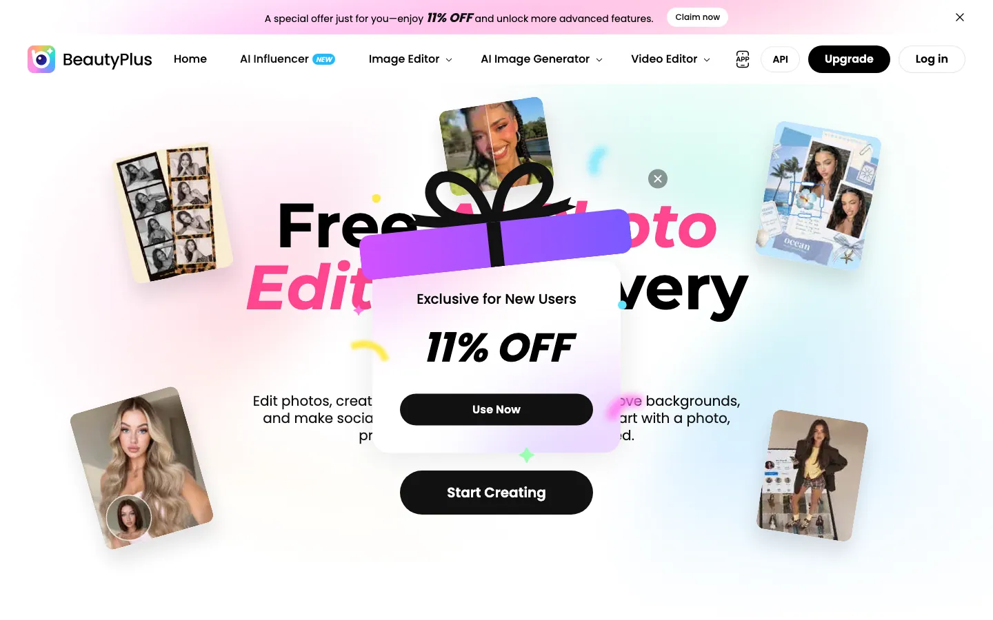 Halaman depan beautyplus.com: menu Home, AI Influencer, Image Editor, AI Image Generator, Video Editor, API, tombol Upgrade dan Log in, serta pop-up diskon 11% untuk pengguna baru yang menutupi judul utama