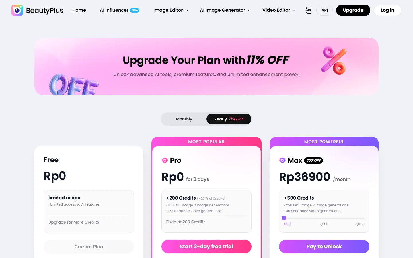 Halaman harga resmi BeautyPlus saat dibuka dari Indonesia: tab Yearly aktif dengan label 71% OFF, kartu Free Rp0, Pro Rp0 untuk uji coba 3 hari dengan 200 kredit, dan Max Rp36900 per bulan dengan label 20% OFF dan pilihan 500, 1.500, atau 3.000 kredit