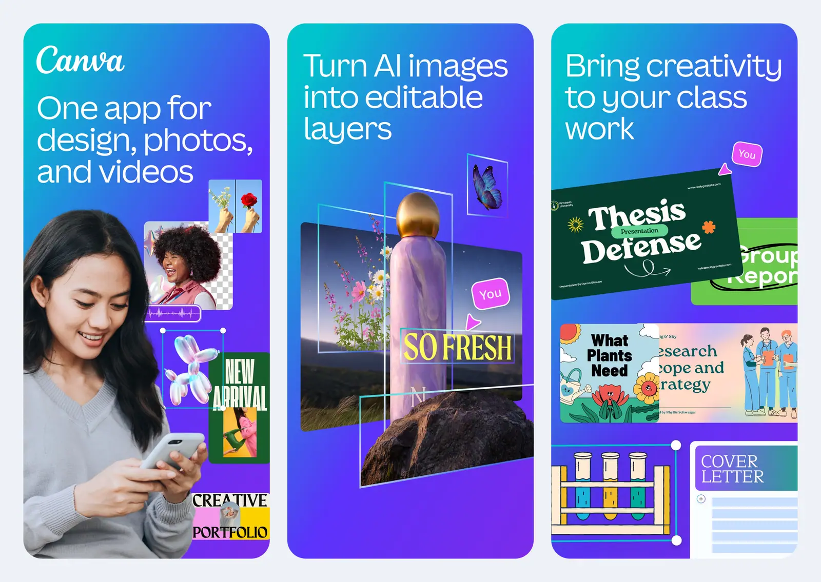 Screenshot resmi aplikasi Canva di App Store: satu aplikasi untuk desain, foto, dan video, Magic Layers untuk gambar AI, dan template tugas kuliah seperti slide Thesis Defense