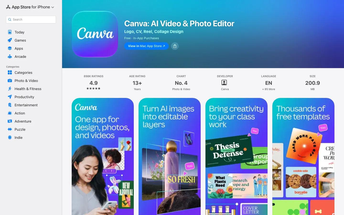 Halaman App Store Indonesia untuk Canva: rating 4,9 dari 898 ribu rating, peringkat 4 kategori Photo & Video, ukuran 200,9 MB