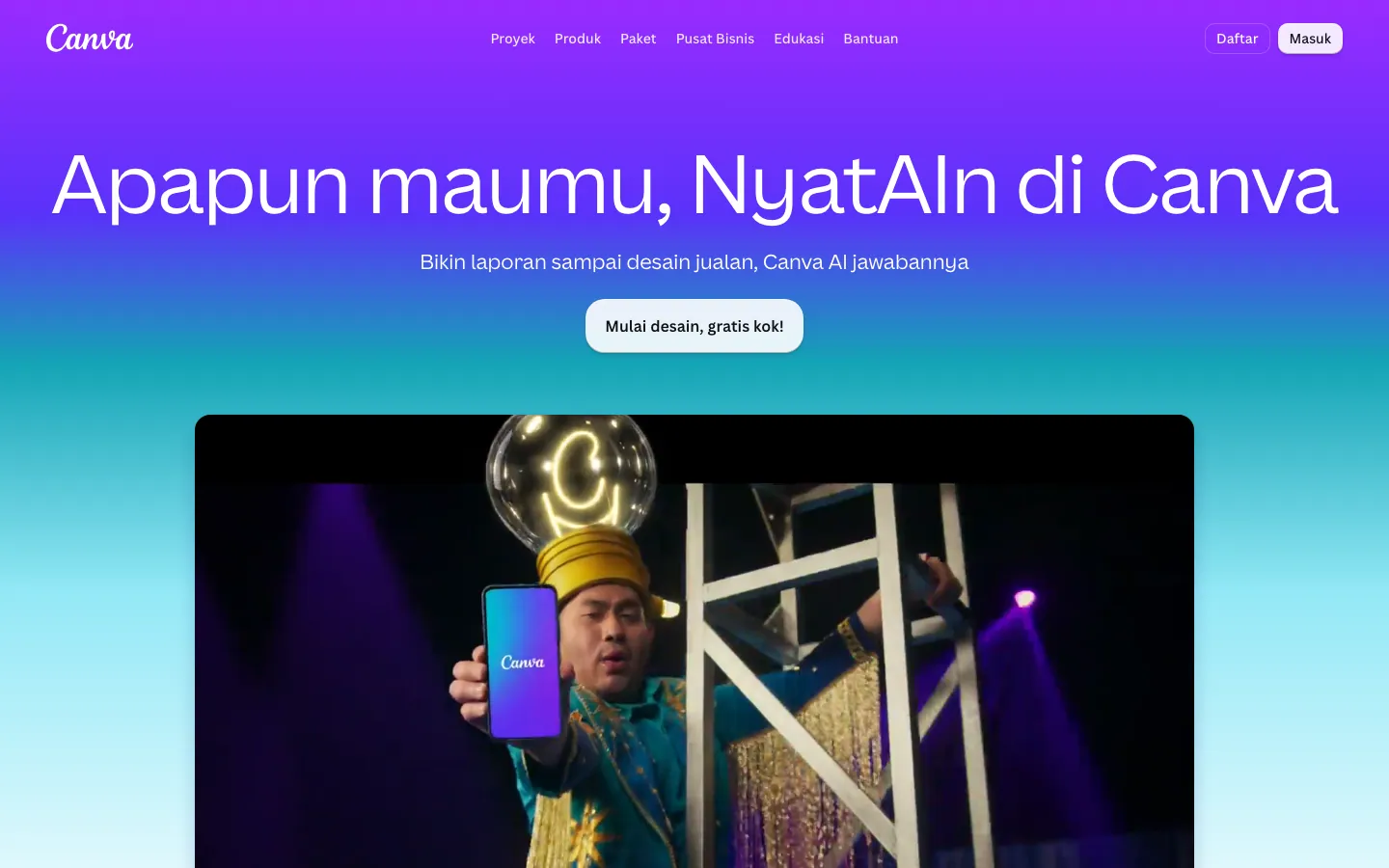 Halaman depan Canva versi Indonesia: judul "Apapun maumu, NyatAIn di Canva", tombol "Mulai desain, gratis kok!", dan menu Proyek, Produk, Paket, Pusat Bisnis, Edukasi, Bantuan
