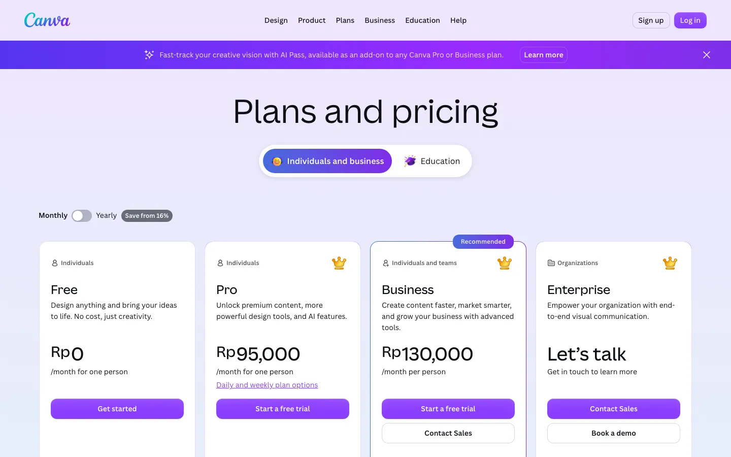 Halaman harga Canva yang dibuka dari Indonesia: Free Rp0, Pro Rp95.000 per bulan, Business Rp130.000 per orang per bulan, Enterprise lewat tim sales