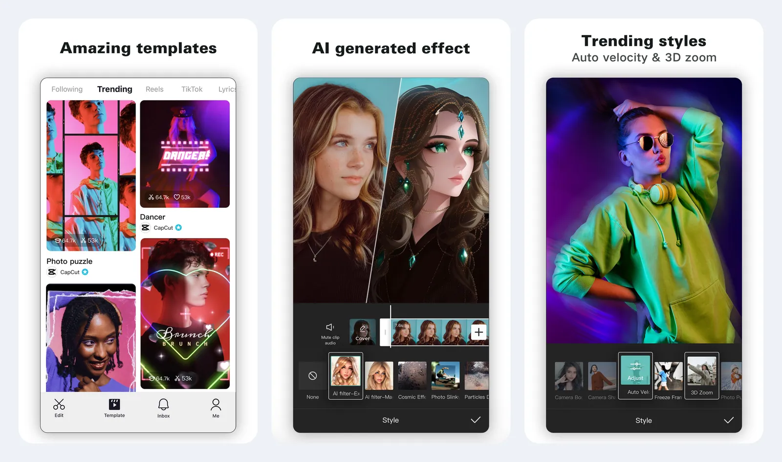 Tiga screenshot resmi CapCut di App Store: tab Template dengan kategori Trending, Reels, TikTok, dan Lyrics; layar efek AI dengan perbandingan foto asli dan versi ilustrasi; serta gaya tren Auto velocity dan 3D Zoom di menu Style