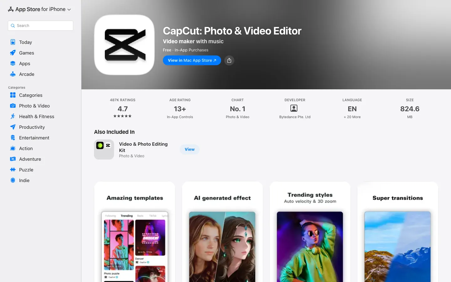 Halaman App Store Indonesia untuk CapCut: Photo & Video Editor, gratis dengan pembelian dalam aplikasi, rating 4,7 dari 487 ribu penilaian, usia 13+, posisi No. 1 di kategori Photo & Video, ukuran 824,6 MB