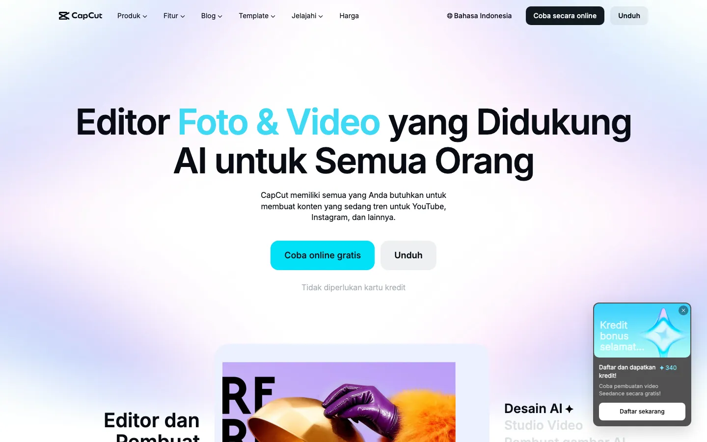 Halaman depan CapCut versi Bahasa Indonesia: judul "Editor Foto & Video yang Didukung AI untuk Semua Orang", tombol "Coba online gratis" dan "Unduh", tulisan "Tidak diperlukan kartu kredit", serta pop-up 340 kredit bonus di pojok kanan bawah