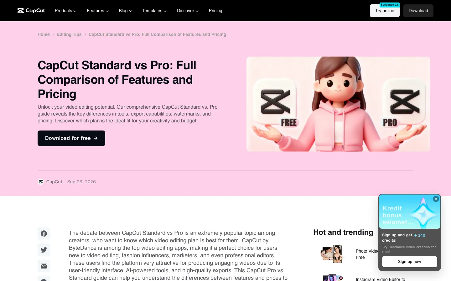 Halaman resmi CapCut berjudul "CapCut Standard vs Pro: Full Comparison of Features and Pricing" bertanggal 23 September 2026, dengan ilustrasi ikon FREE dan PRO di sisi kanan