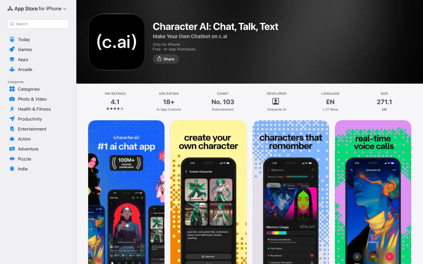 Halaman App Store Indonesia untuk Character AI: Chat, Talk, Text, dengan rating 4,1 dari sekitar 14 ribu rating, rating usia 18+, peringkat No. 103 kategori Entertainment, dan ukuran 271,1 MB