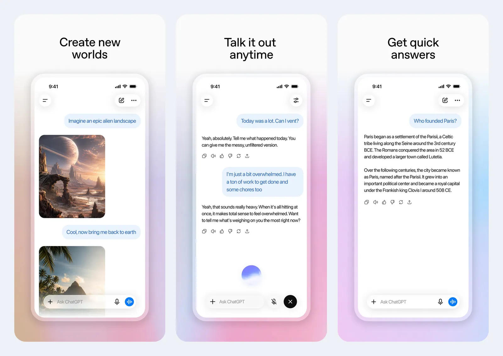 Tiga screenshot resmi aplikasi ChatGPT di iPhone: membuat gambar pemandangan dari perintah teks, ngobrol lewat mode suara, dan menjawab pertanyaan sejarah singkat, masing-masing dengan kolom Ask ChatGPT dan ikon mikrofon di bawah