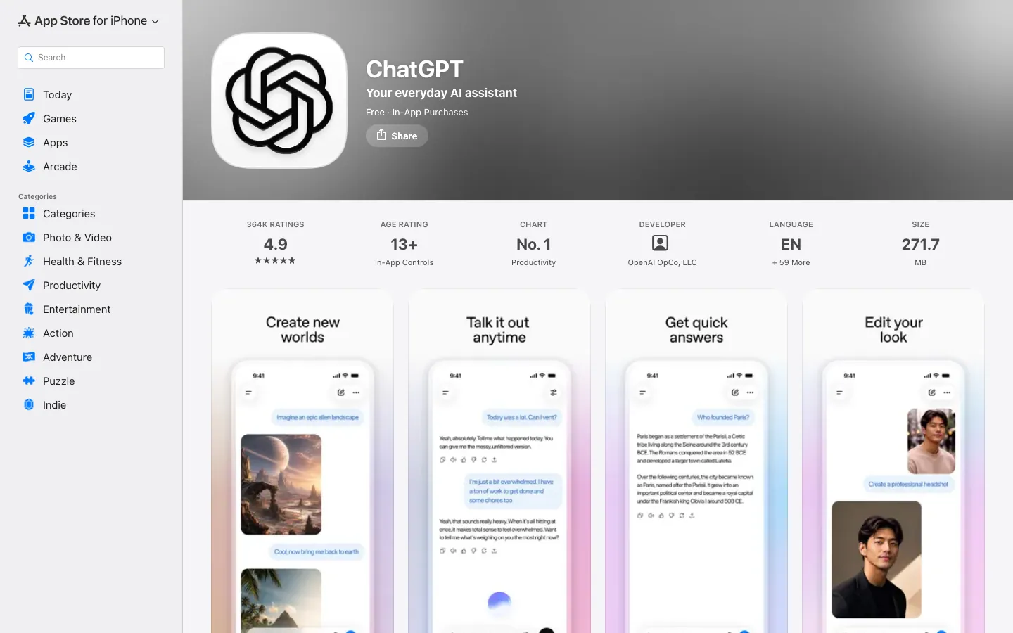 Halaman ChatGPT di App Store Indonesia: rating 4,9 dari 364 ribu ulasan, peringkat No. 1 kategori Productivity, rating usia 13+, ukuran 271,7 MB, dengan deretan screenshot aplikasi di bawahnya
