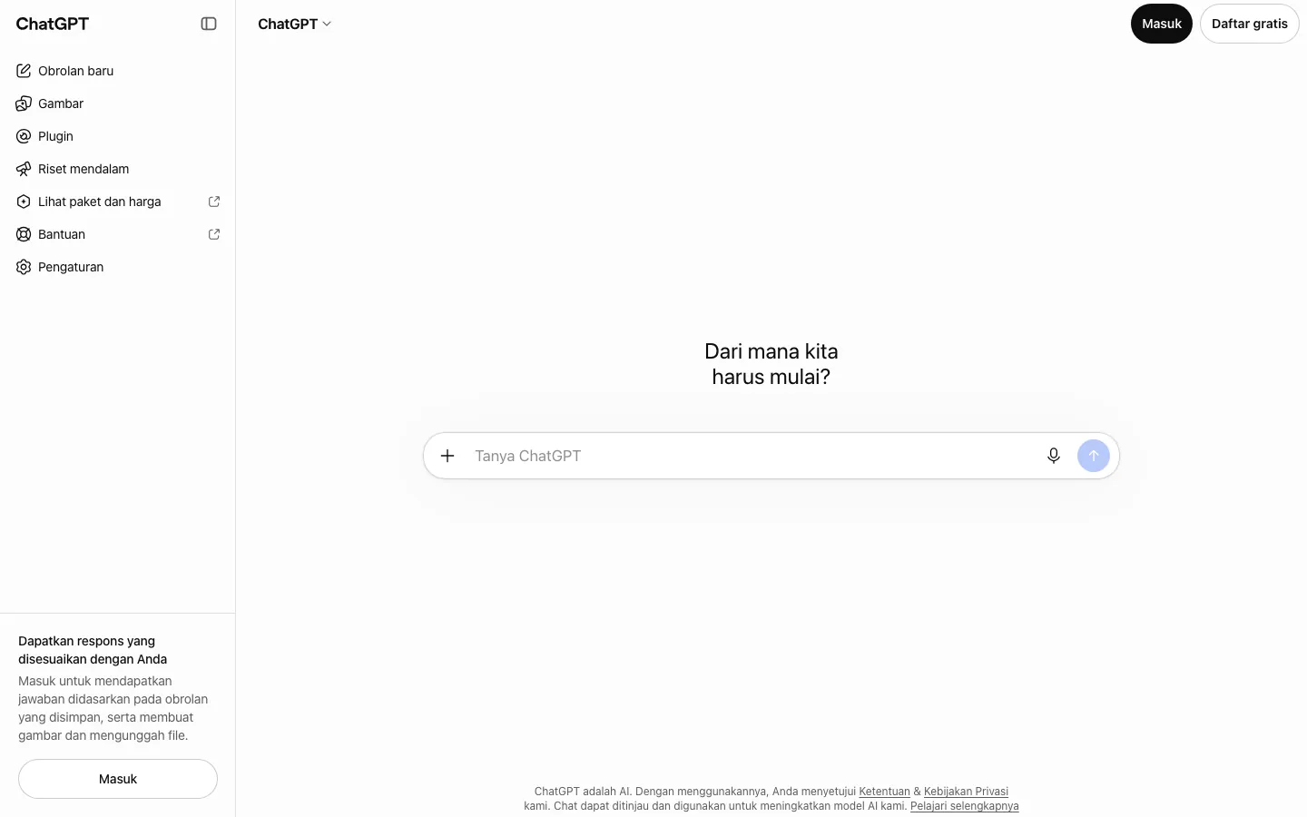 Halaman depan chatgpt.com saat dibuka tanpa login: sidebar kiri berisi Obrolan baru, Gambar, Plugin, Riset mendalam, dan Lihat paket dan harga, kolom Tanya ChatGPT di tengah, serta tombol Masuk dan Daftar gratis di kanan atas