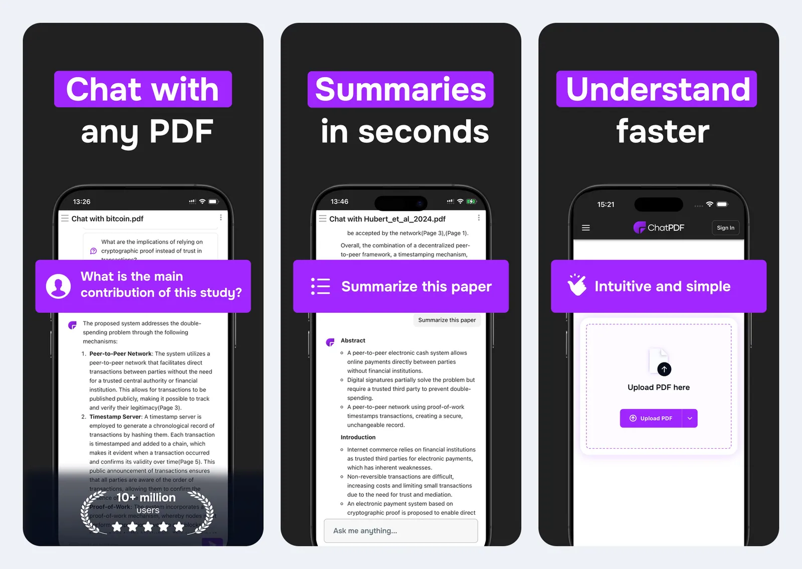 Tiga screenshot resmi aplikasi ChatPDF di iPhone dari App Store: chat dengan file bitcoin.pdf yang jawabannya mencantumkan nomor halaman, ringkasan paper "Summarize this paper" berisi poin Abstract dan Introduction, serta layar unggah dengan tombol Upload PDF