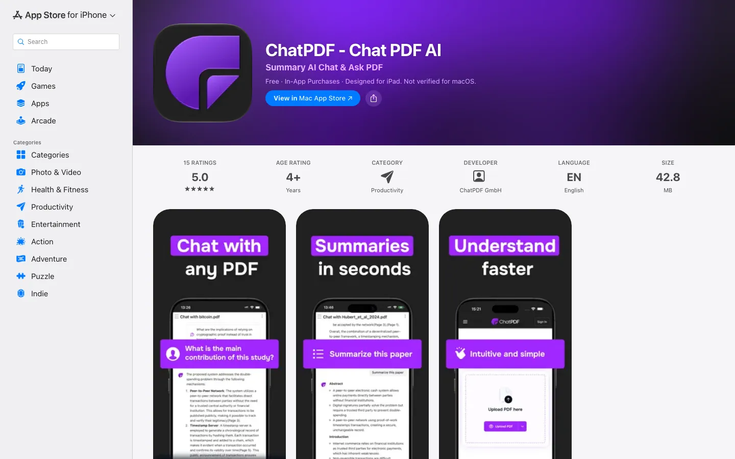 Halaman App Store Indonesia untuk ChatPDF - Chat PDF AI dari ChatPDF GmbH: label Free dengan In-App Purchases, rating 5,0 dari 15 penilaian, kategori Productivity, ukuran 42,8 MB