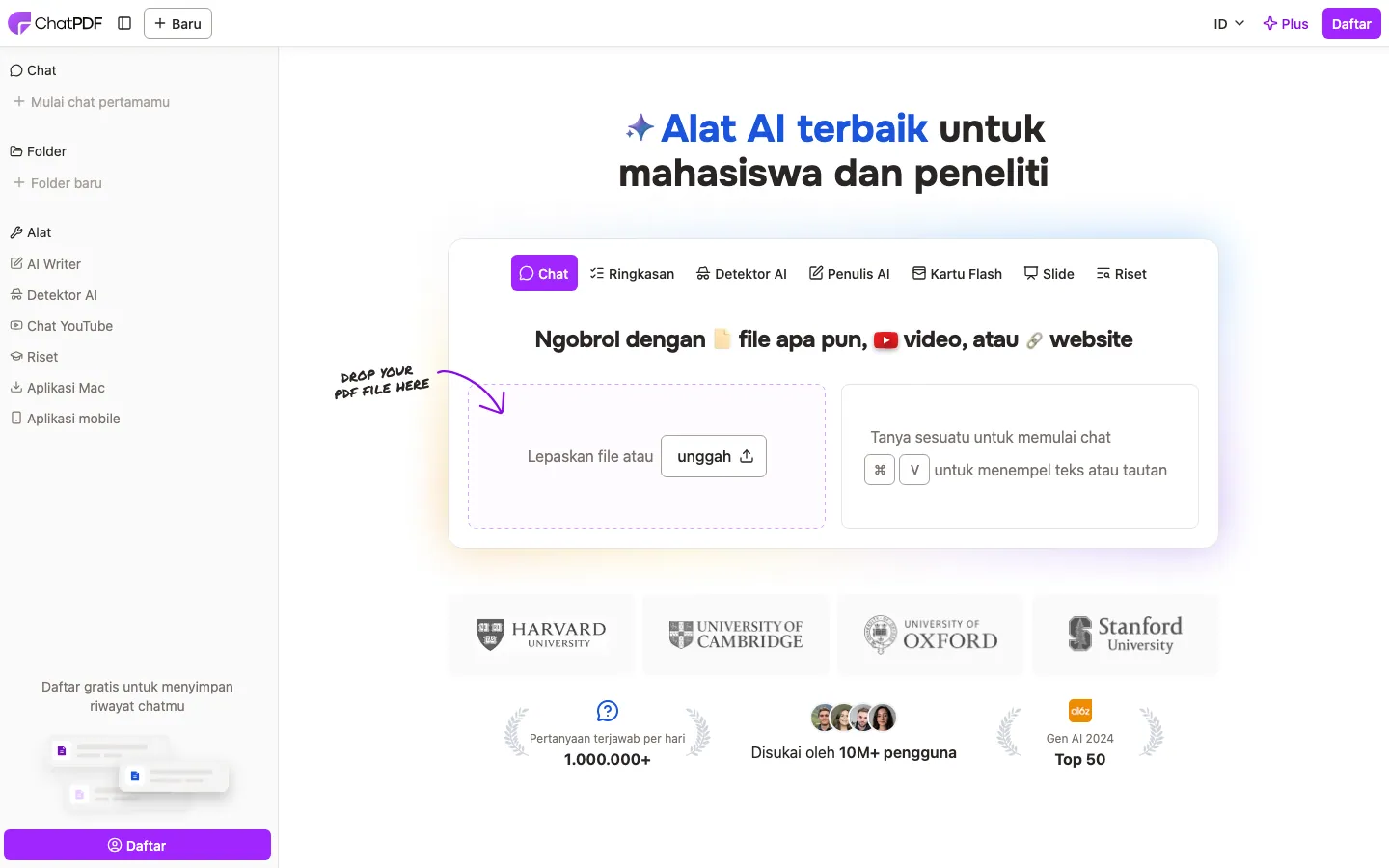 Halaman depan ChatPDF versi Indonesia tanpa login: sidebar kiri berisi Chat, Folder, dan Alat; di tengah tab Chat, Ringkasan, Detektor AI, Penulis AI, Kartu Flash, Slide, Riset; kotak "Lepaskan file atau unggah" di kiri dan kolom pertanyaan di kanan