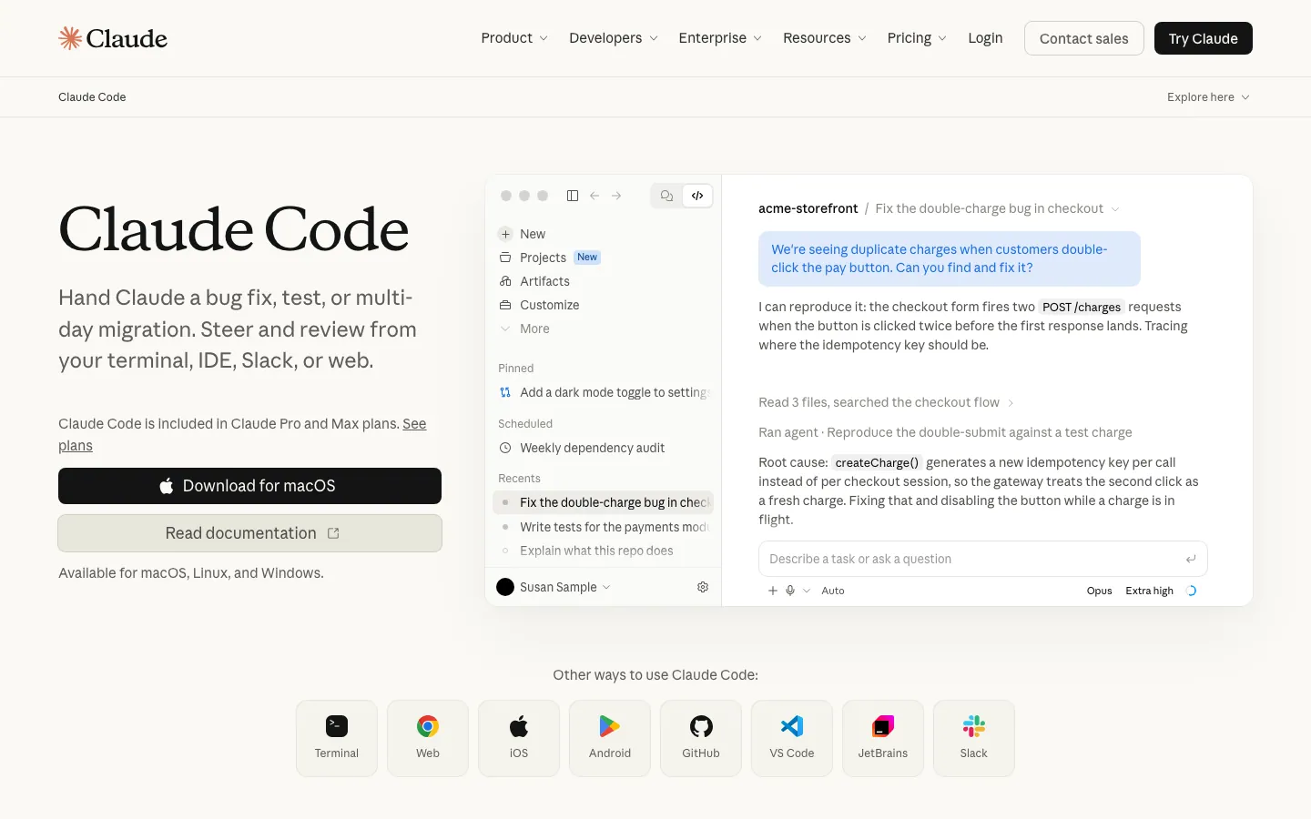 Halaman produk Claude Code: judul besar di kiri dengan tombol Download for macOS dan Read documentation, contoh aplikasi desktop di kanan yang sedang memperbaiki bug pembayaran ganda, dan deretan ikon Terminal, Web, iOS, Android, GitHub, VS Code, JetBrains, dan Slack di bawahnya