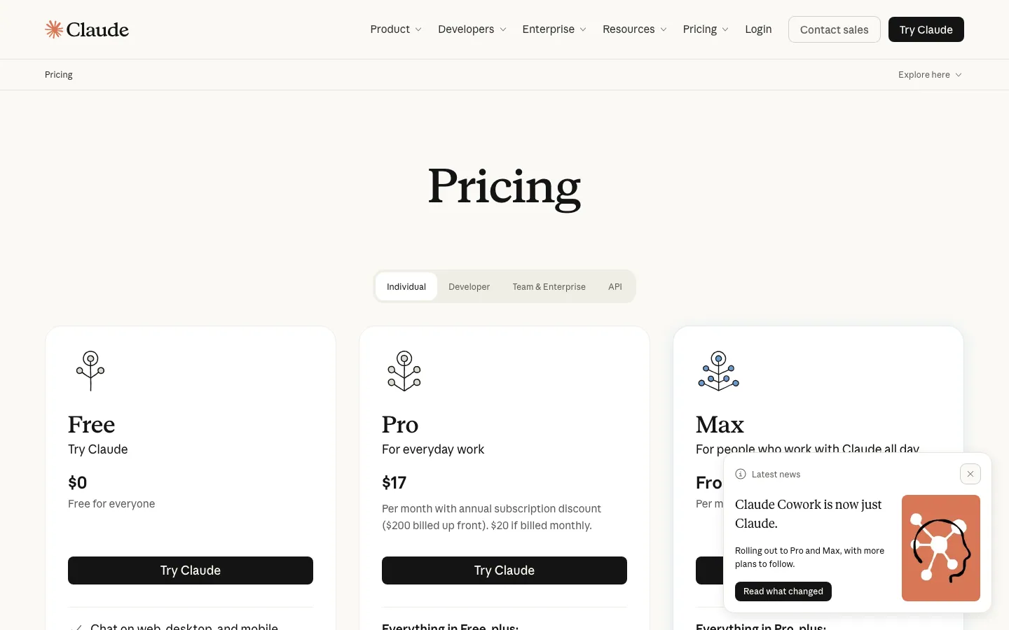 Halaman harga resmi claude.com: tab Individual, Developer, Team & Enterprise, dan API, dengan kartu Free US$0, Pro US$17 per bulan (tahunan) atau US$20 bulanan, dan Max mulai US$100