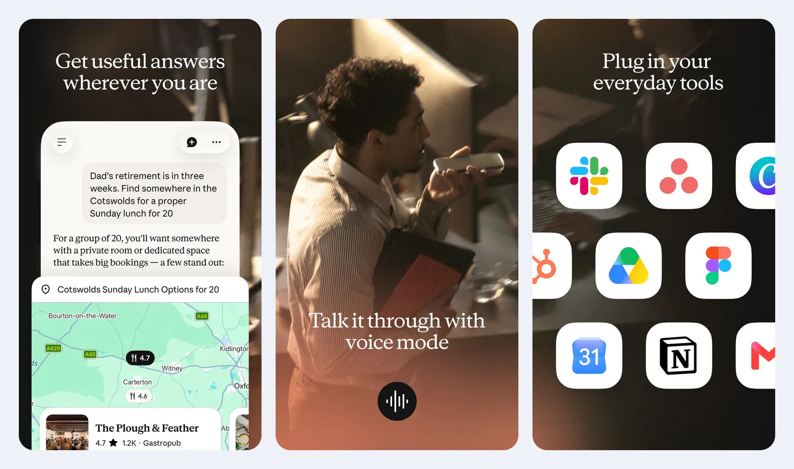 Screenshot resmi aplikasi Claude di App Store: jawaban berisi peta pilihan restoran, layar mode suara dengan tombol gelombang suara, dan deretan ikon aplikasi yang bisa dihubungkan seperti Slack, Asana, Canva, Google Drive, Figma, Google Calendar, Notion, dan Gmail