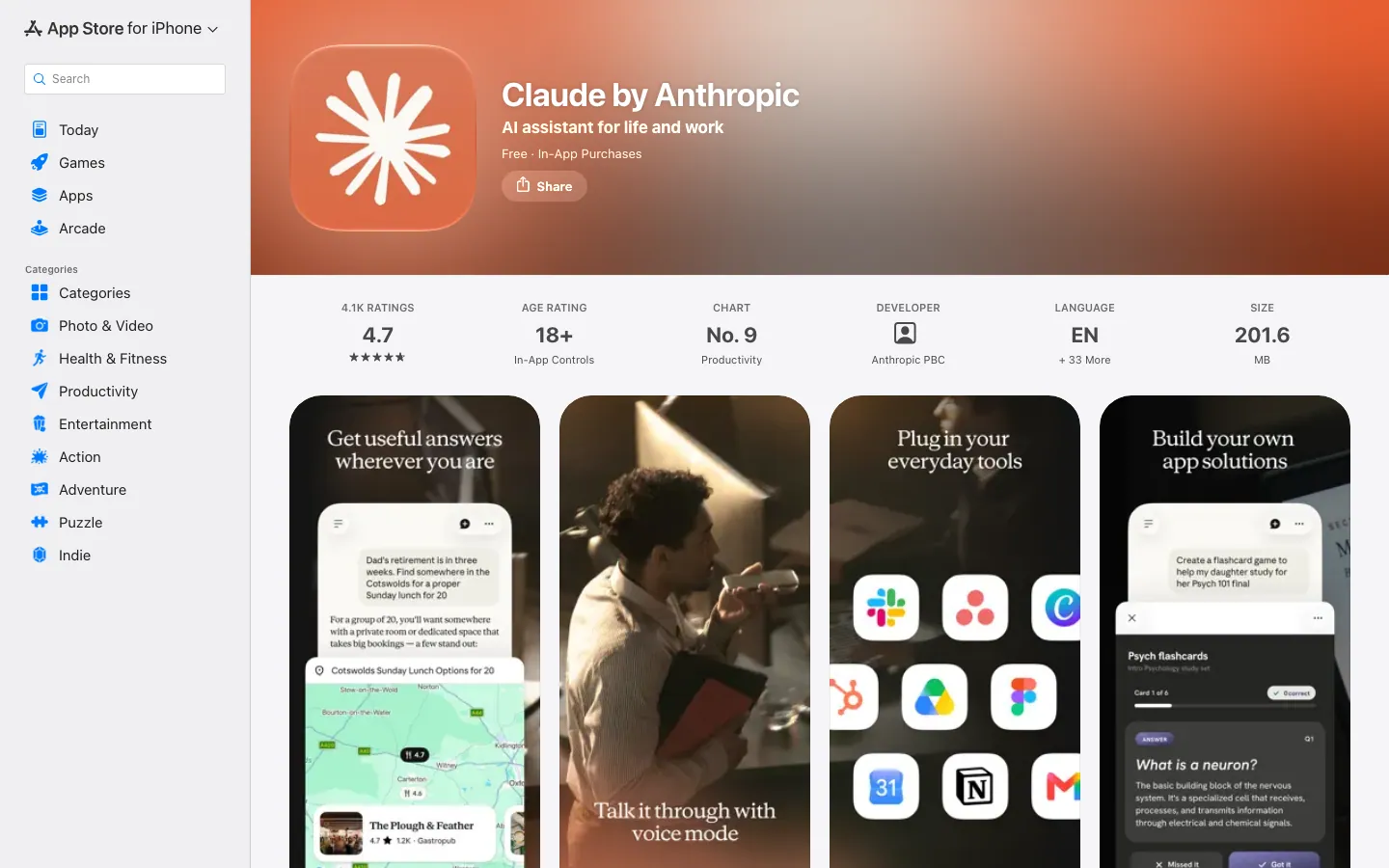 Halaman App Store Indonesia untuk Claude by Anthropic: rating 4,7 dari 4.100 penilaian, peringkat No. 9 kategori Productivity, usia 18+, ukuran 201,6 MB, gratis dengan pembelian dalam aplikasi