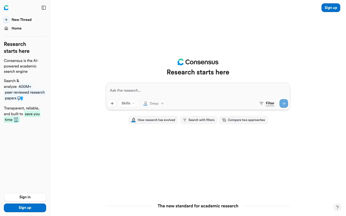 Halaman depan consensus.app tanpa login: sidebar kiri berisi New Thread, Home, slogan Research starts here, serta tombol Sign in dan Sign up; di tengah ada kolom Ask the research... dengan tombol Skills, Deep, dan Filter, plus tiga saran pertanyaan