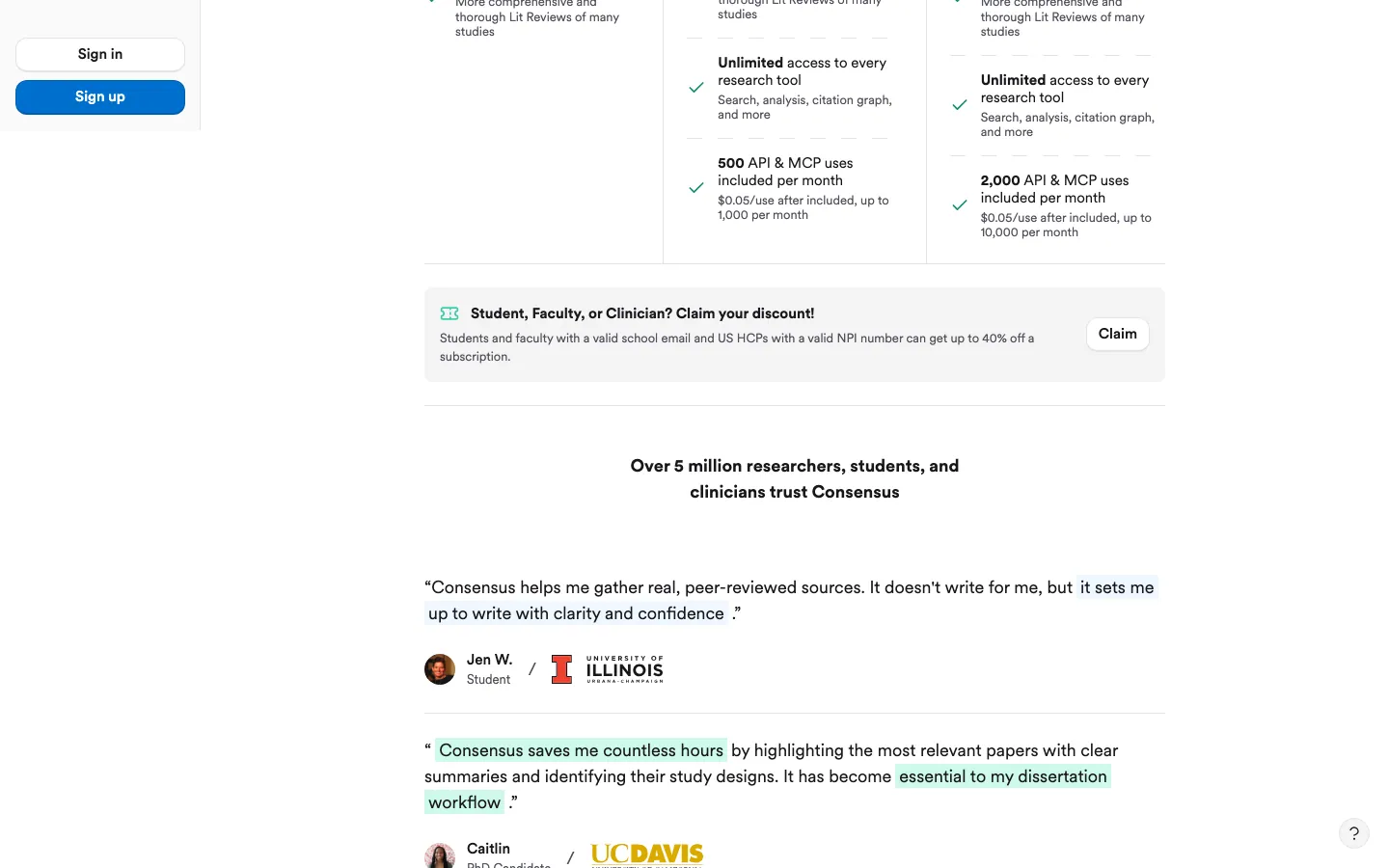 Bagian bawah halaman harga Consensus: rincian 500 dan 2.000 pemakaian API & MCP per bulan, kotak diskon untuk Student, Faculty, or Clinician dengan tombol Claim, dan testimoni pengguna