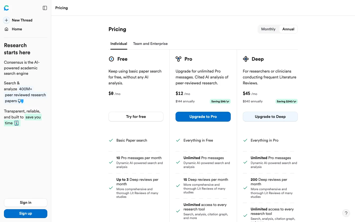 Halaman harga resmi Consensus dengan tampilan Annual: kartu Free $0/bulan, Pro $12/bulan ($144 per tahun, hemat $96), dan Deep $45/bulan ($540 per tahun, hemat $240), plus tab Individual serta Team and Enterprise