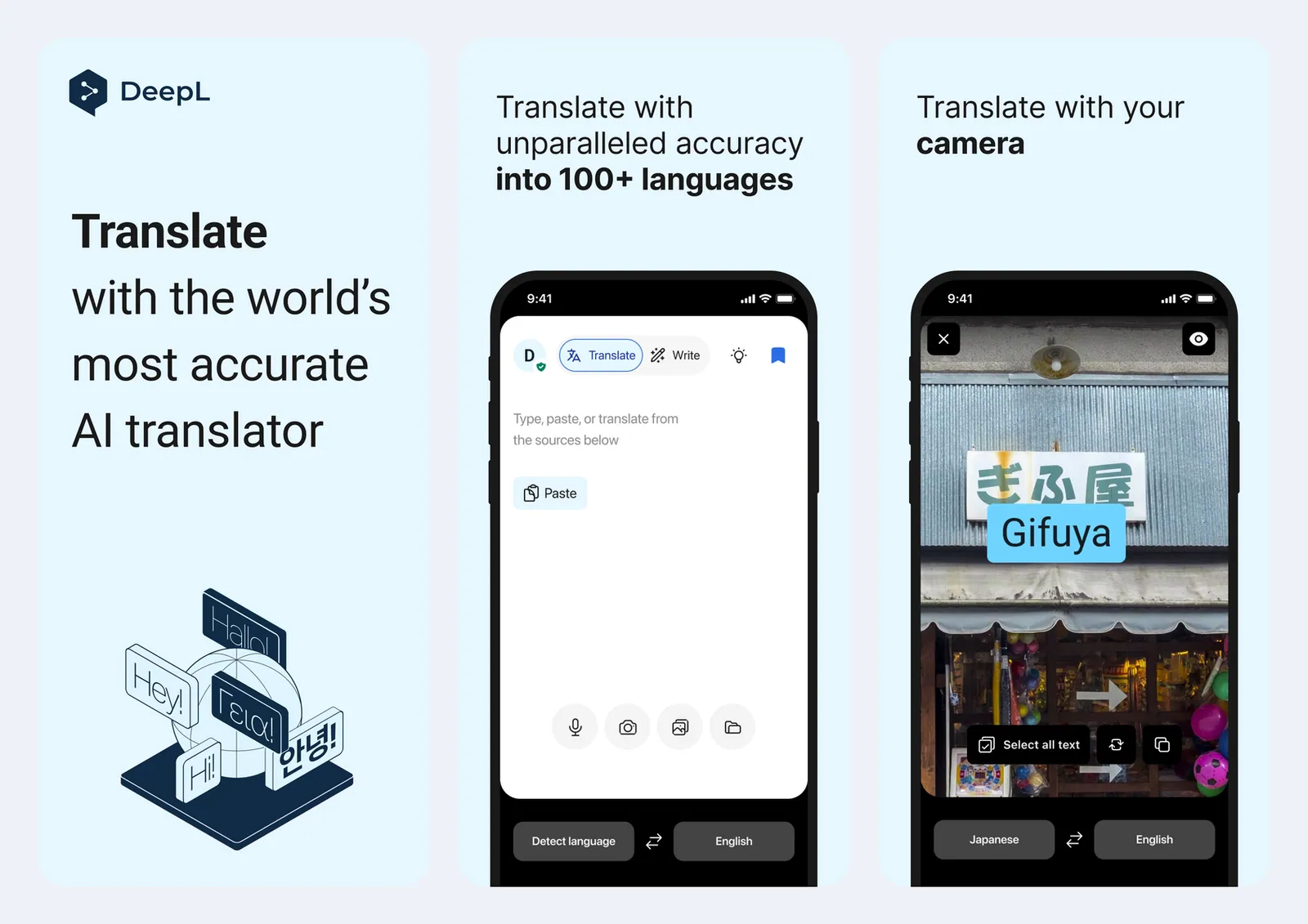 Screenshot resmi aplikasi DeepL Translate di App Store: layar utama dengan tombol Translate dan Write di atas, kolom ketik dan tombol Paste, ikon mikrofon, kamera, galeri, dan folder di bawah, serta layar kamera yang menerjemahkan papan toko berhuruf Jepang menjadi Gifuya