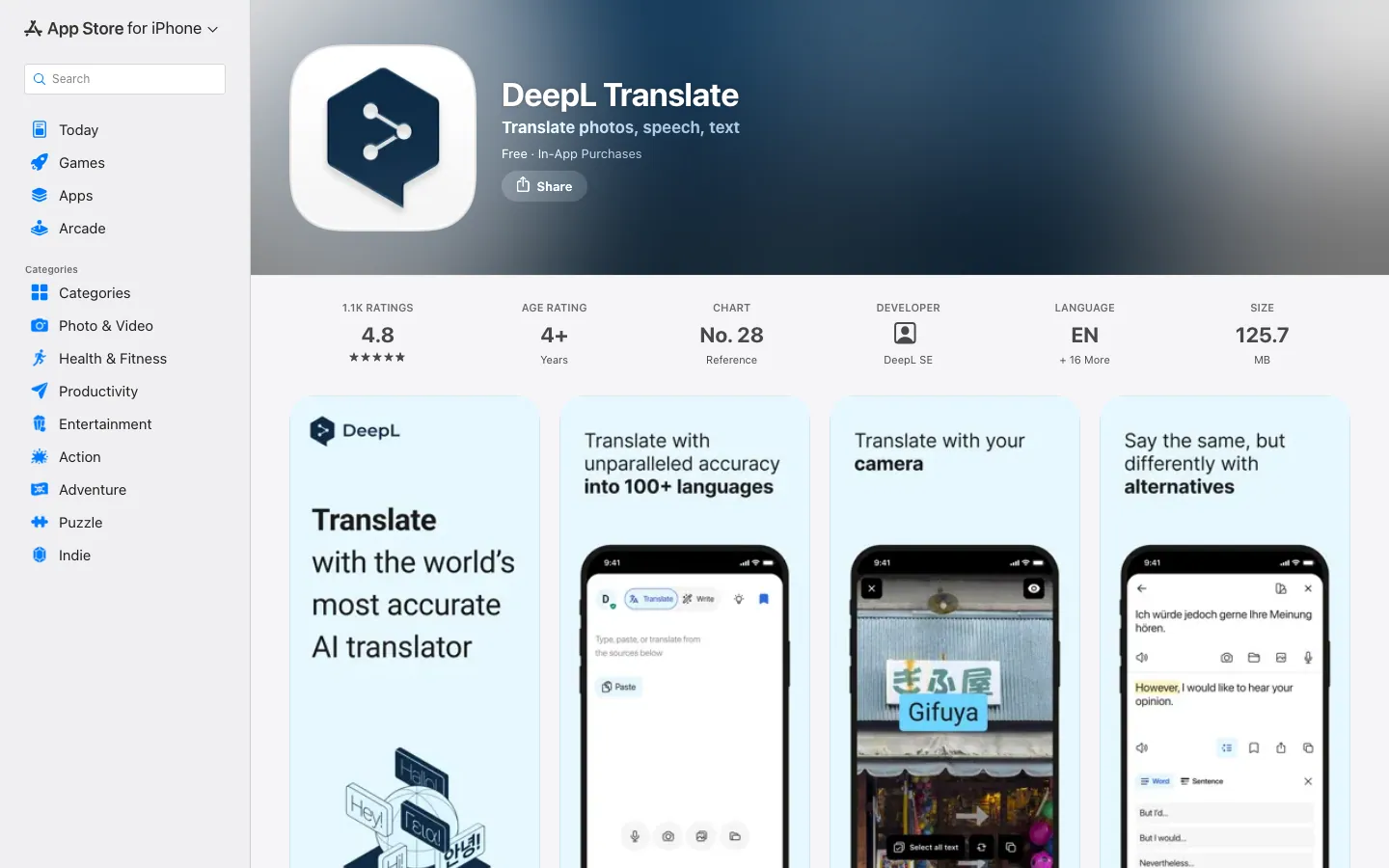 Halaman App Store Indonesia untuk DeepL Translate: rating 4,8 dari 1,1 ribu penilaian, usia 4+, peringkat No. 28 kategori Reference, pengembang DeepL SE, ukuran 125,7 MB, dan status Free dengan In-App Purchases